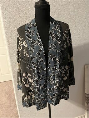BCBG Maxazria Floral Crane Print Open Kimono  in Black and Slate Blue